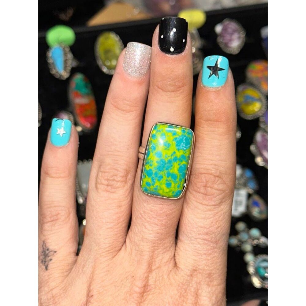 Confetti Turquoise Rectangle Sterling Silver Overlay Ring Size 7